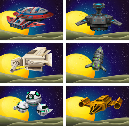 Different design of spaceship in the space illustrationのイラスト素材