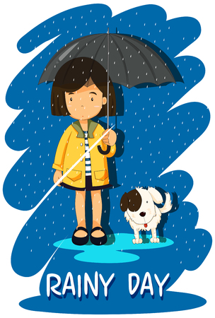 Girl and puppy in the rain illustrationのイラスト素材