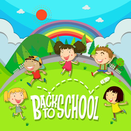 Back to school theme with children in the park illustrationのイラスト素材