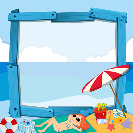 Border design with girl on the beach illustrationのイラスト素材