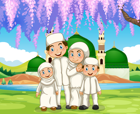 Muslim family standing in the park illustrationのイラスト素材