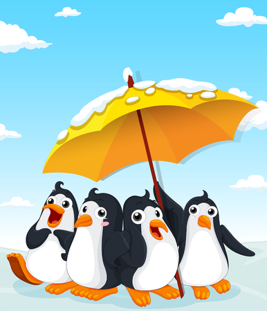 Penguins standing under umbrella illustrationのイラスト素材