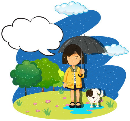 Girl and dog in the rain illustrationのイラスト素材