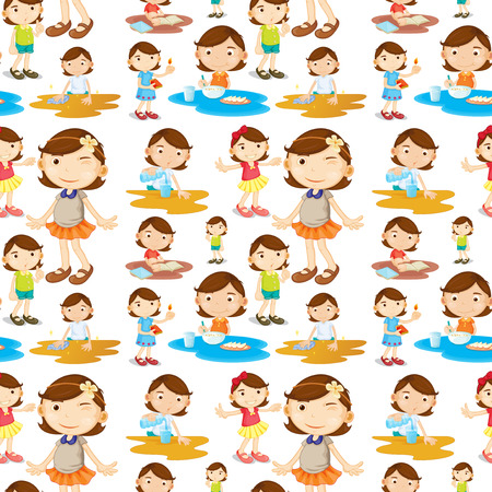 Seamless girl doing chores illustrationのイラスト素材