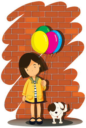 Girl holding balloons and a dog illustrationのイラスト素材