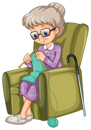 Old lady knitting on the chair illustrationのイラスト素材