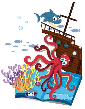 Book of underwater and shipwrecked illustrationのイラスト素材