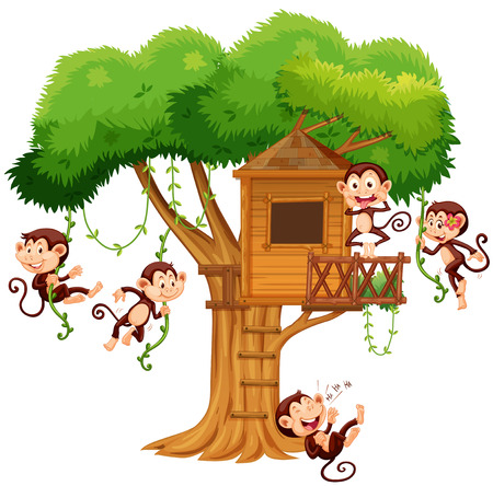 Monkeys playing at the treehouse illustrationのイラスト素材