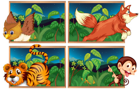 Four forest scenes with wild animals illustrationのイラスト素材