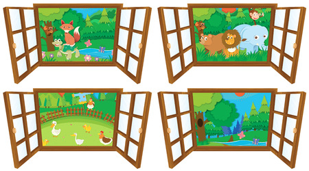Windows with four views of farm and forest illustrationのイラスト素材