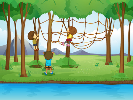 Children climbing rope in the forest illustrationのイラスト素材