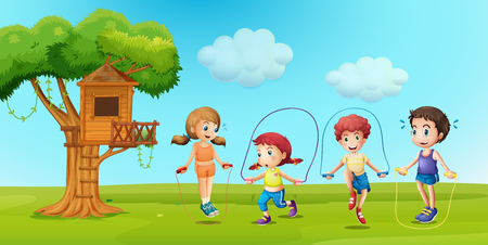 Children skipping rope in the park illustrationのイラスト素材