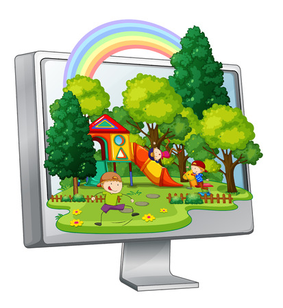 Children playing in the playground on computer screen illustrationのイラスト素材