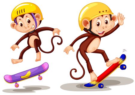 Two monkeys playing skateboard illustrationのイラスト素材