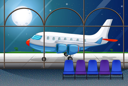Airport scene with airplane parking at night illustrationのイラスト素材