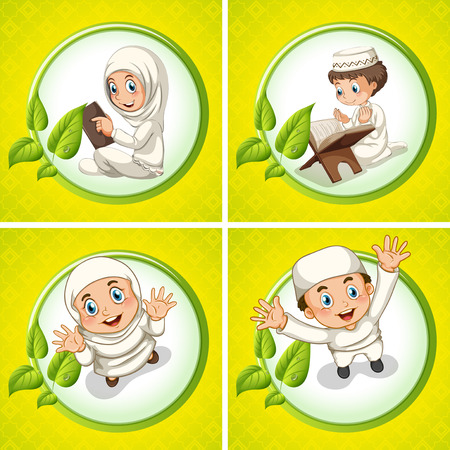 Muslim boy and girl praying illustrationのイラスト素材