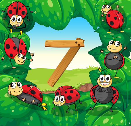 Number 7 with 7 ladybugs on leaves illustrationのイラスト素材