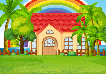 Single house with green lawn illustrationのイラスト素材