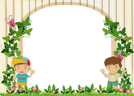 Border design with boys in the garden illustrationのイラスト素材