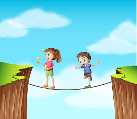 Boy and girl on the rope at the cliff illustrationのイラスト素材