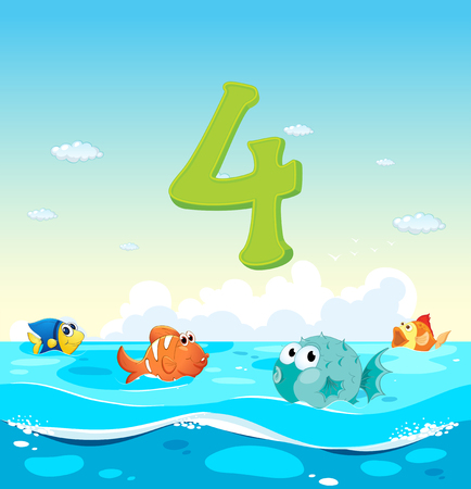 Number four with 4 fish in the ocean illustrationのイラスト素材