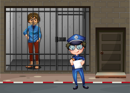 Policeman recording crime and man in cell illustrationのイラスト素材
