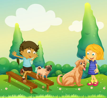 Boy and girl playing with dogs in the park illustrationのイラスト素材