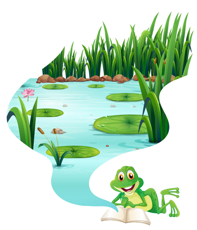 Frog reading book about the pond illustrationのイラスト素材