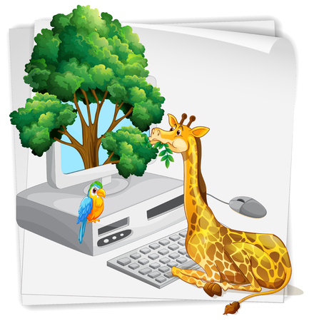 Computer screen with giraffe eating leaves illustrationのイラスト素材