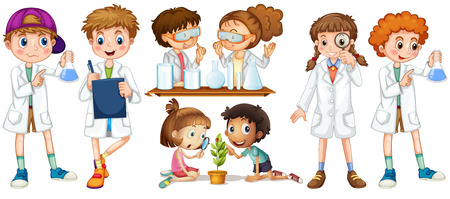 Boys and girls in science gown illustrationのイラスト素材