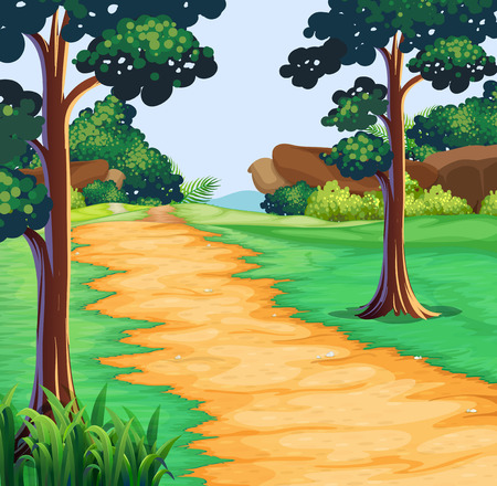 Nature scene with tree along the trail illustrationのイラスト素材