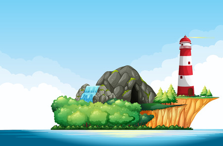 Nature scene with lighthouse and cave on the island illustrationのイラスト素材
