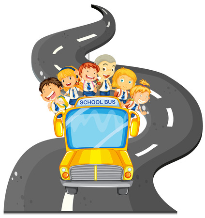 Students riding on school bus illustrationのイラスト素材