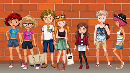 Hipster boys and girls hanging out on the street illustrationのイラスト素材