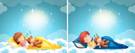Boy and girl sleeping in bed illustrationのイラスト素材