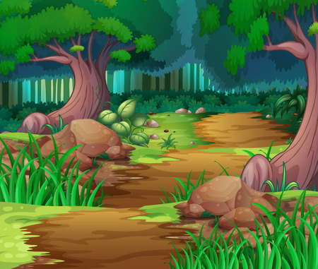 Nature scene with hiking track into the woods illustrationのイラスト素材