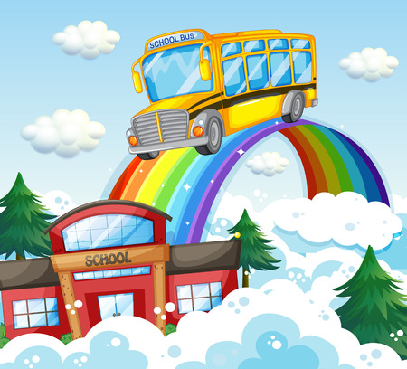School bus riding over the rainbow illustrationのイラスト素材