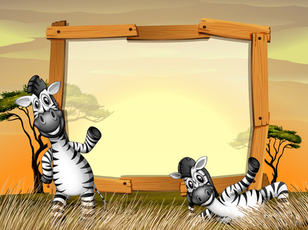 Border design with two zebras in the field illustrationのイラスト素材