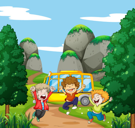 Three happy boys in the park illustrationのイラスト素材