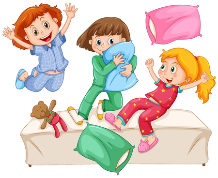 Three girls playing pillow fight at the slumber party illustrationのイラスト素材