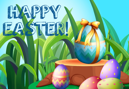 Happy Easter with decorated eggs in the garden illustrationのイラスト素材