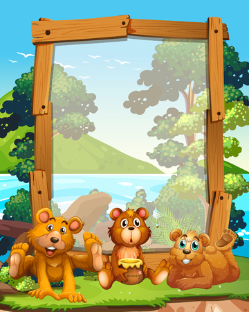Border design with three grizzly bears by the lake illustrationのイラスト素材