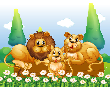 Lion family resting in the garden illustrationのイラスト素材