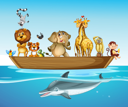 Wild animals on the boat at sea illustrationのイラスト素材