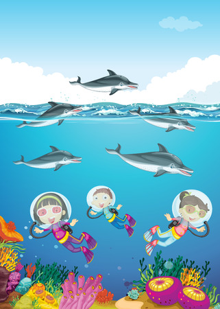 Dolphins and kids swimming under the sea illustrationのイラスト素材