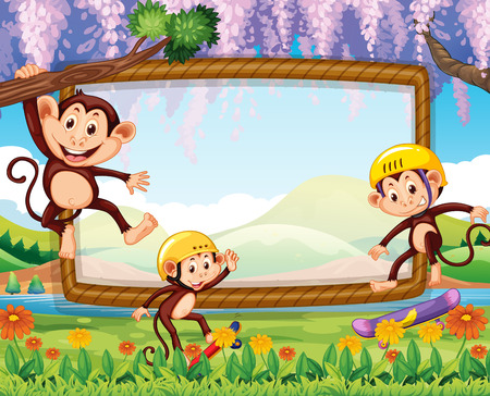 Border design with three monkeys in the park illustrationのイラスト素材
