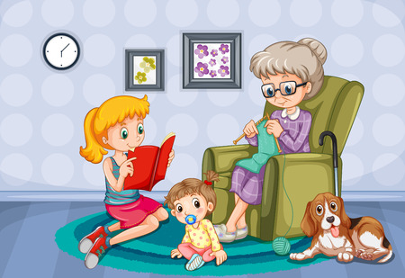 Grandmother and children in the room illustrationのイラスト素材