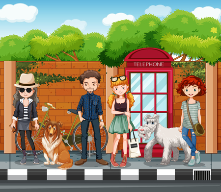 People hanging out on the road illustrationのイラスト素材