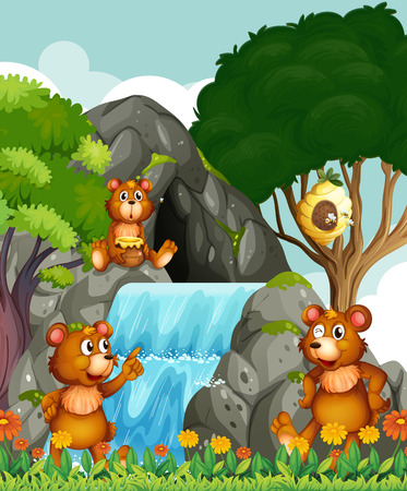 Bears relaxing by the waterfall illustrationのイラスト素材