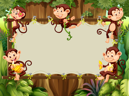 Frame design with monkeys in the woods illustrationのイラスト素材